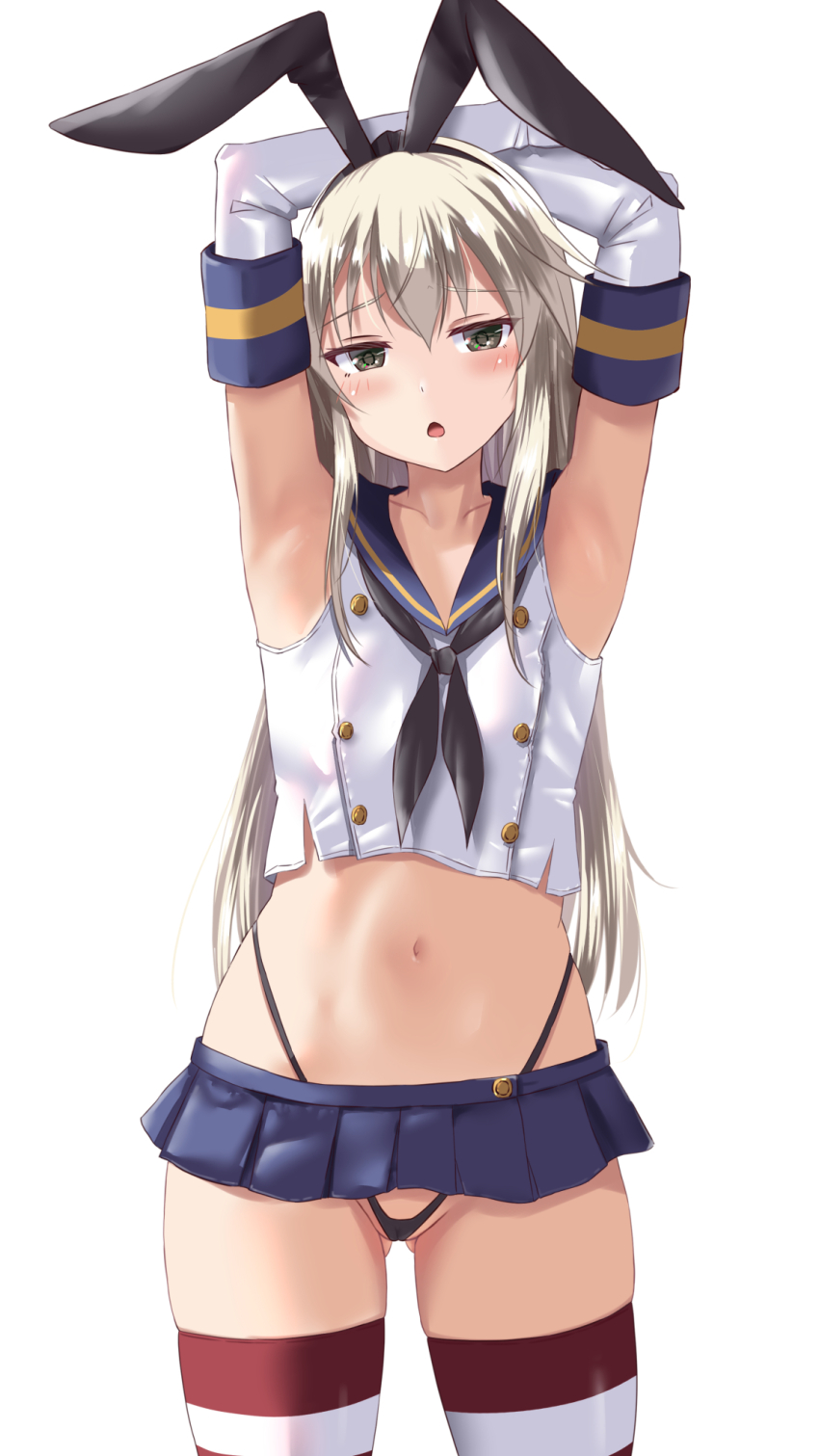 1girl, armpits, arms_up, black_hairband, black_neckerchief, black_panties, blonde_hair, blush