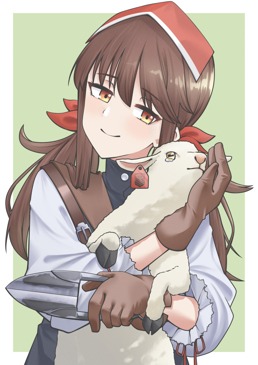 1girl, absurdres, animal, baby_animal, border, brown_gloves, brown_hair, falcon_(girls'_frontline)
