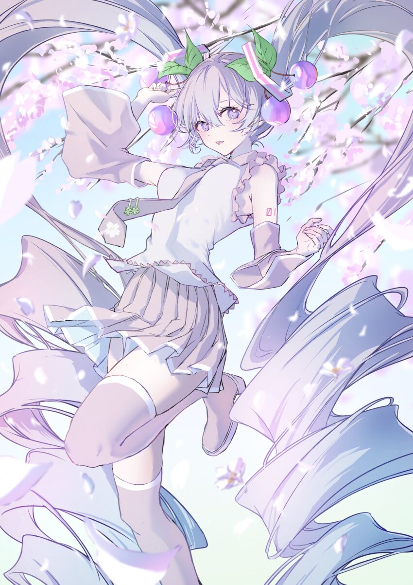 1girl, bare_shoulders, boots, breasts, cherry_blossoms, cherry_hair_ornament, collared_shirt, commentary, detached_sleeves, drill_hair, eyelashes, falling_petals, food-themed_hair_ornament, frilled_shirt, frills, hair_between_eyes, hair_ornament, hand_up, hatsune_miku, highres, long_hair, looking_at_viewer, medium_breasts, meso_potamia, necktie, number_tattoo, pale_skin, parted_lips, petals, pleated_skirt, sakura_miku, shirt, shoulder_tattoo, skirt, sleeveless, sleeveless_shirt, solo, standing, standing_on_one_leg, tattoo, thigh_boots, thighhighs, twintails, very_long_hair, vocaloid, zettai_ryouiki