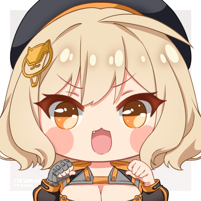 1girl, ahoge, anis_(nikke), artist_name, beret, black_hat, blonde_hair, blush_stickers, breasts, brown_eyes, cat_hair_ornament, chibi, cleavage, commentary, fang, fingerless_gloves, fpsmoe, gloves, goddess_of_victory:_nikke, grey_gloves, hair_ornament, hands_up, hat, jacket, large_breasts, long_sleeves, looking_at_viewer, medium_hair, no_nose, open_mouth, romaji_commentary, single_glove, smile, solo, upper_body, v-shaped_eyebrows