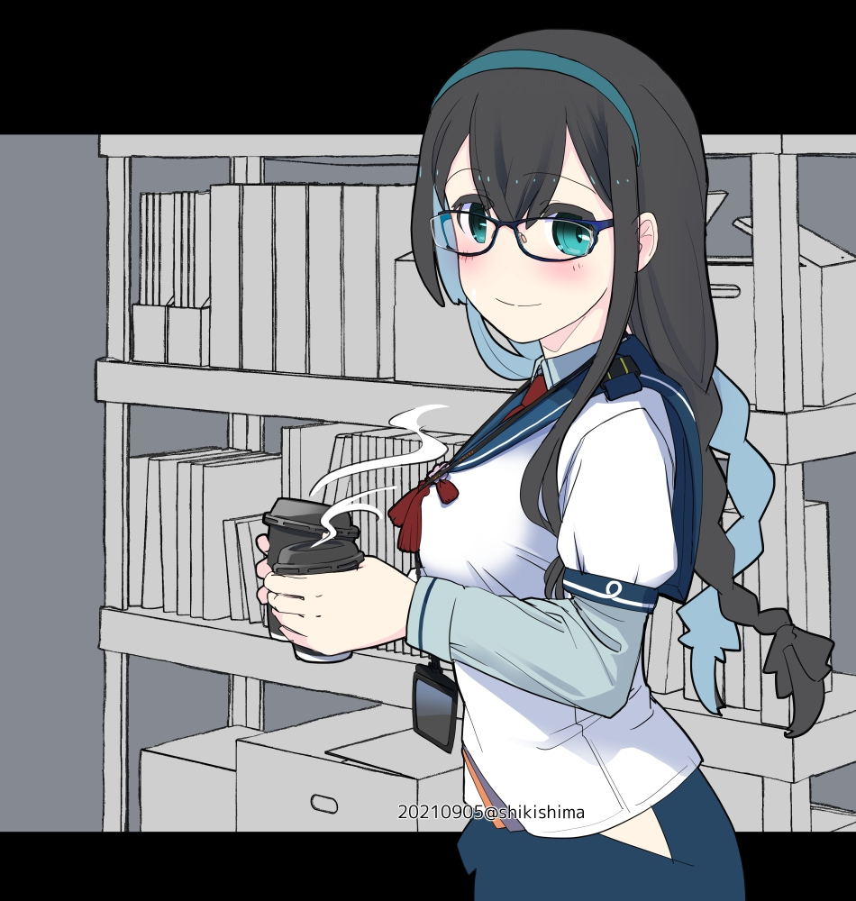 1girl, alternate_hairstyle, black_hair, blue_eyes, blue_sailor_collar, blue_skirt, braid, breasts