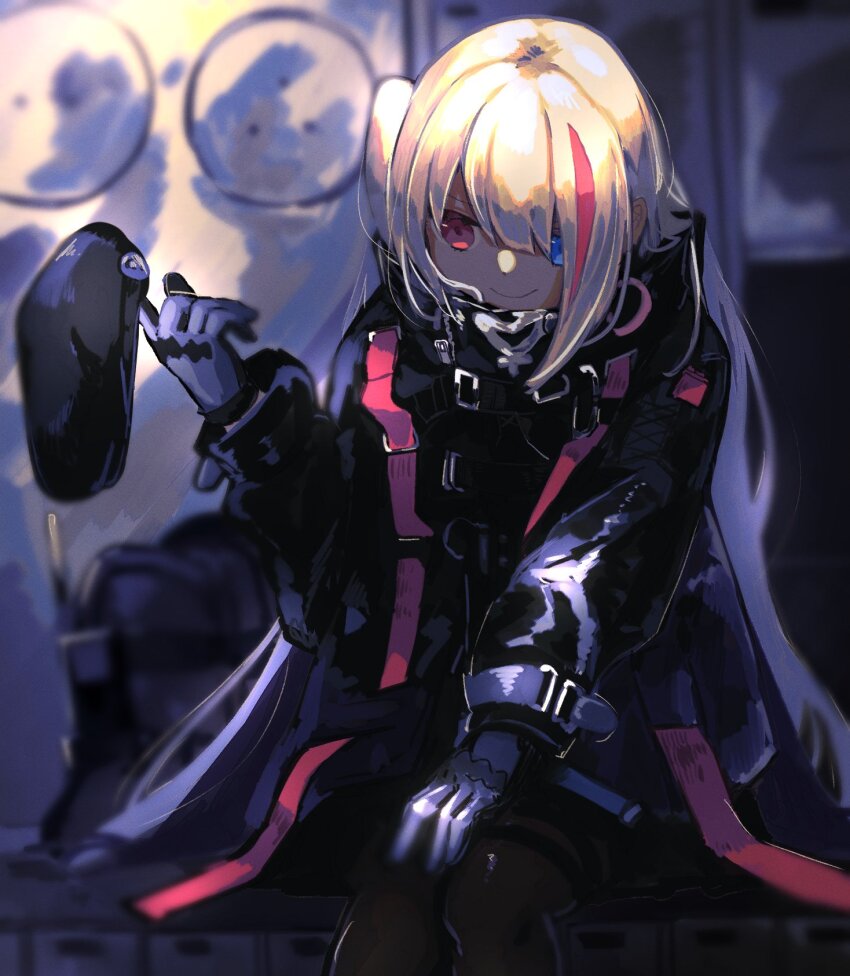 1girl, beret, black_hat, black_jacket, blue_eyes, girls'_frontline, gloves, hair_over_one_eye