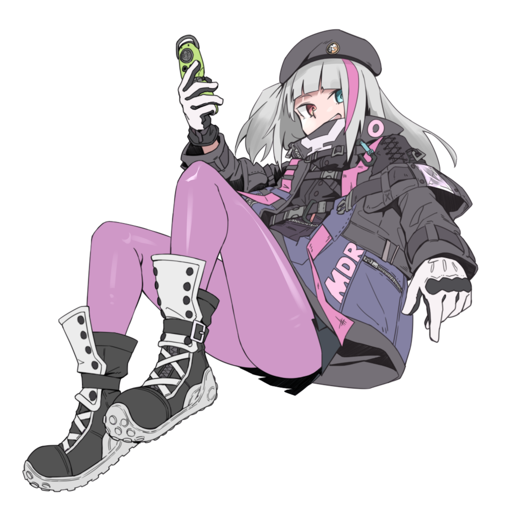 1girl, akiba-june, beret, black_hat, black_jacket, black_skirt, blue_eyes, cellphone, character_name, flip_phone, full_body, girls'_frontline, gloves, grey_hair, hat, heterochromia, holding, holding_phone, jacket, long_hair, looking_at_viewer, mdr_(girls'_frontline), multicolored_hair, one_side_up, open_mouth, pantyhose, phone, pink_hair, pleated_skirt, purple_pantyhose, red_eyes, shoes, simple_background, skirt, solo, streaked_hair, white_background, white_gloves