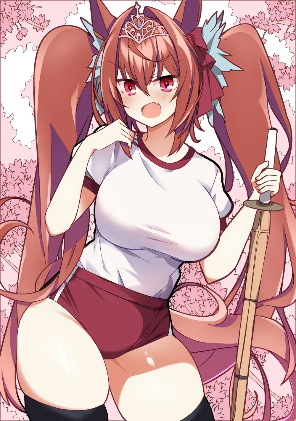 1girl, alternate_costume, animal_ears, blush, breasts, brown_hair, buruma, cherry_blossoms