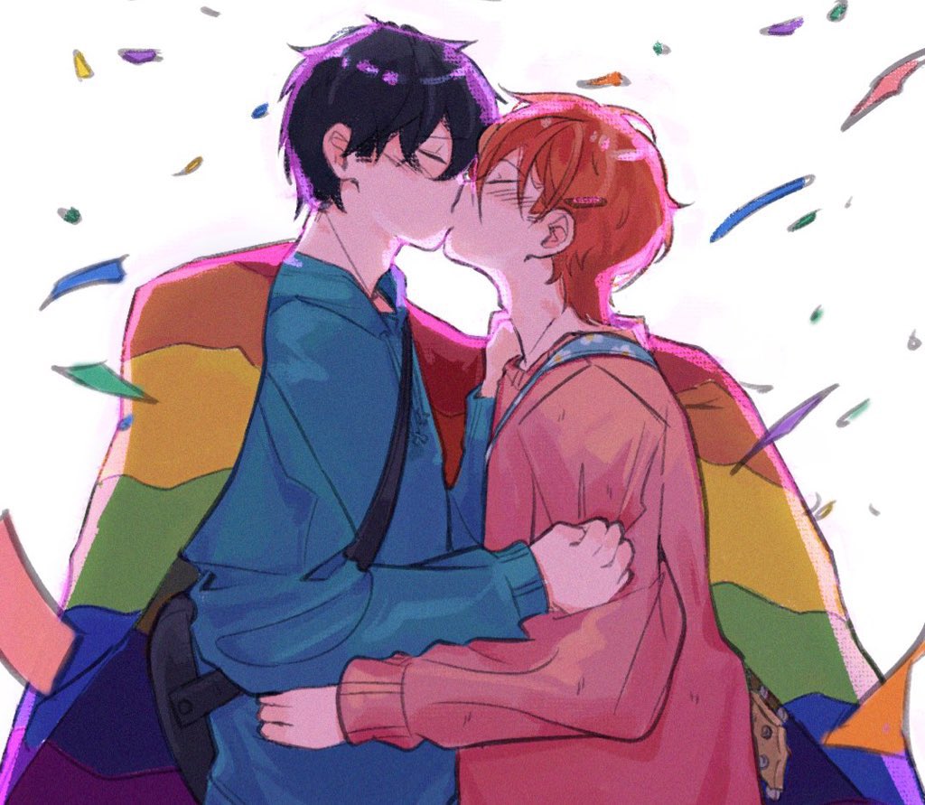 2boys, black_hair, blue_shirt, blush, closed_eyes, given, kiss, lgbt_pride