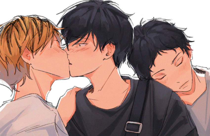 3boys, black_hair, black_shirt, blonde_hair, blush, closed_eyes, closed_mouth, given