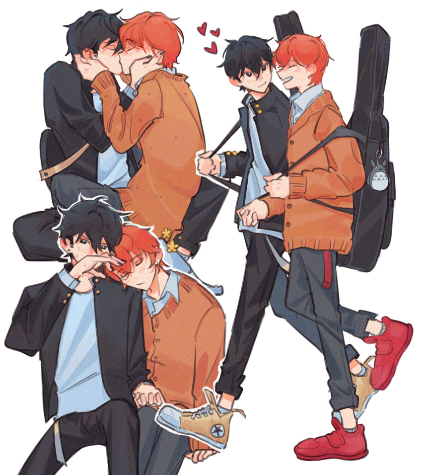 2boys, black_hair, black_jacket, black_nails, black_pants, blush, cardigan, closed_eyes