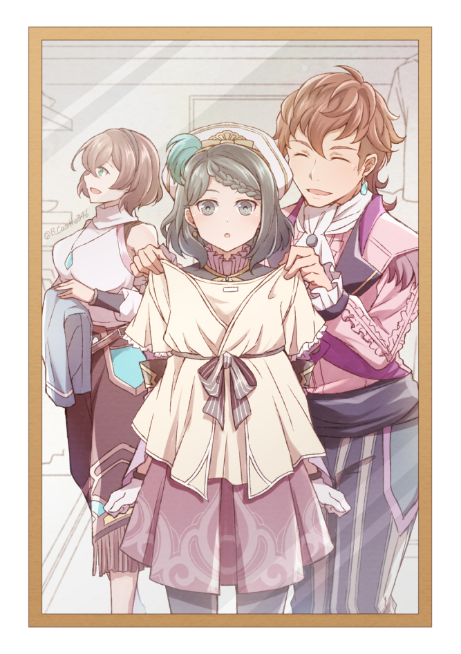 1boy, 2girls, :d, blue_gem, braid, brown_hair, brown_hairband, chante_(ys), closed_eyes, clothing_cutout, gem, green_eyes, grey_eyes, grey_hair, hairband, jewelry, krysha_pendleton, long_hair, long_sleeves, looking_at_viewer, miniskirt, mirror, mishiro_(andante), multiple_girls, open_mouth, pants, parted_bangs, pendant, pink_shirt, pleated_skirt, shirt, short_hair, shoulder_cutout, single_braid, skirt, smile, standing, striped_clothes, striped_pants, vertical-striped_clothes, vertical-striped_pants, white_headwear, white_shirt, ys, ys_ix:_monstrum_nox, yufa_gamberg