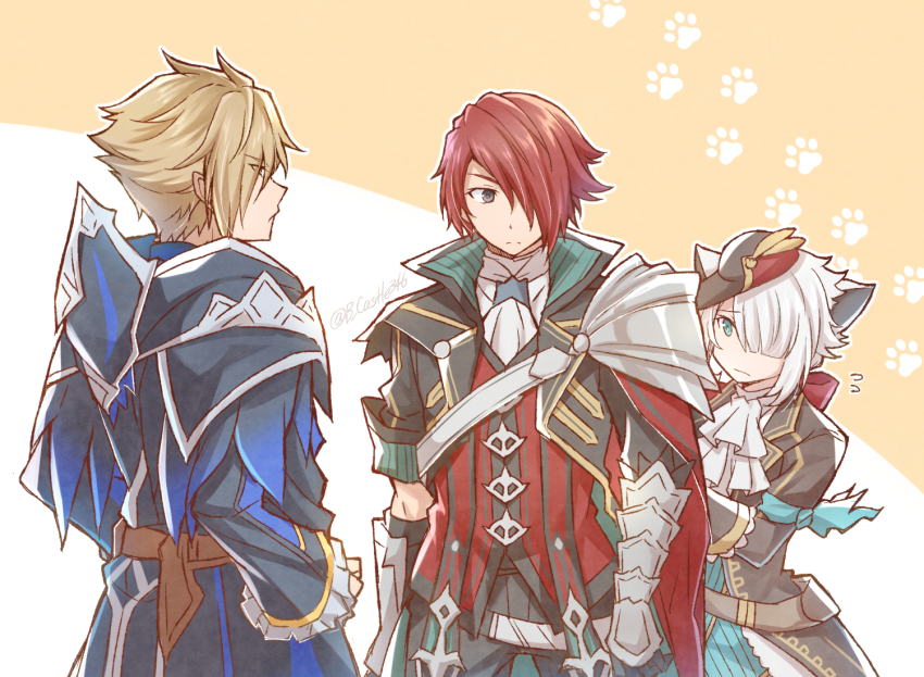 1girl, 2boys, adol_christin, animal_ears, aqua_eyes, armband, armor, black_coat