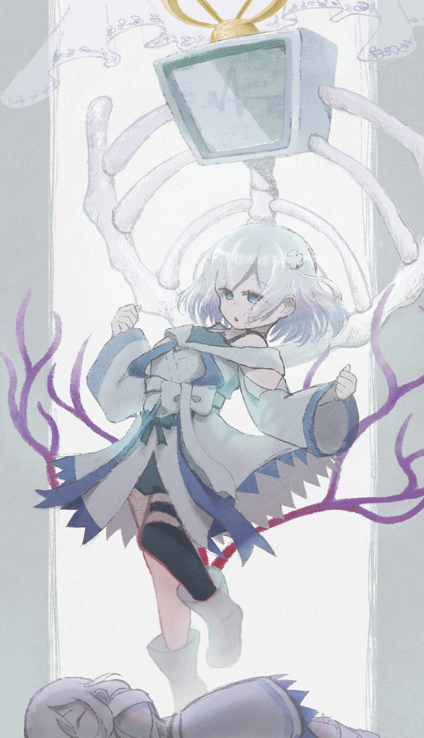 2girls, :o, ankle_boots, belt, black_dress, black_thighhighs, blue_eyes, boots