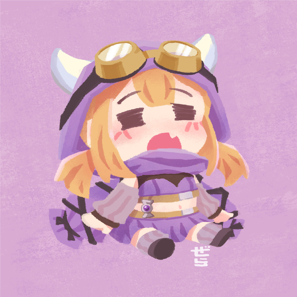 1girl, =_=, arms_at_sides, artist_name, belt, black_shoes, blush, chibi, crop_top, detached_sleeves, fake_horns, fang, full_body, gem, gera-magia, goggles, goggles_on_headwear, hood, hood_up, horns, magia_record:_mahou_shoujo_madoka_magica_gaiden, magical_girl, mahou_shoujo_madoka_magica, midriff, miniskirt, mitsuki_felicia, navel, open_mouth, pink_background, purple_gem, purple_hood, purple_scarf, purple_shirt, purple_skirt, purple_sleeves, purple_thighhighs, scarf, shirt, shoes, sitting, skin_fang, skirt, sleeveless, sleeveless_shirt, solo, thighhighs, third-party_source, white_horns