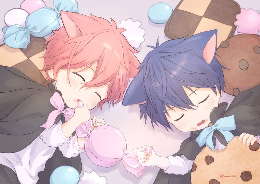 2boys, animal_ears, black_cape, blue_hair, candy, cape, cat_boy, cat_ears