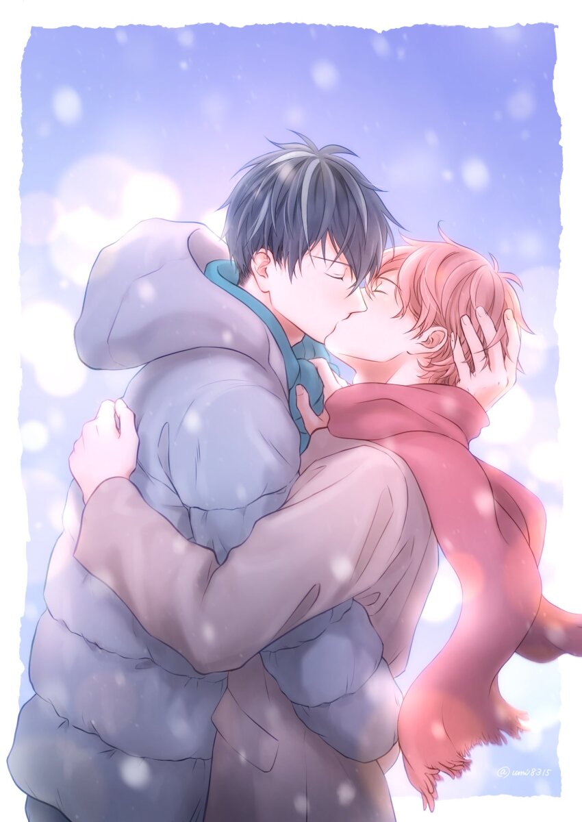 2boys, black_hair, blue_scarf, blurry, bokeh, closed_eyes, depth_of_field, given, highres, jacket, kiss, male_focus, multiple_boys, red_hair, red_scarf, satou_mafuyu, scarf, snow, uenoyama_ritsuka, umi8315, winter, yaoi