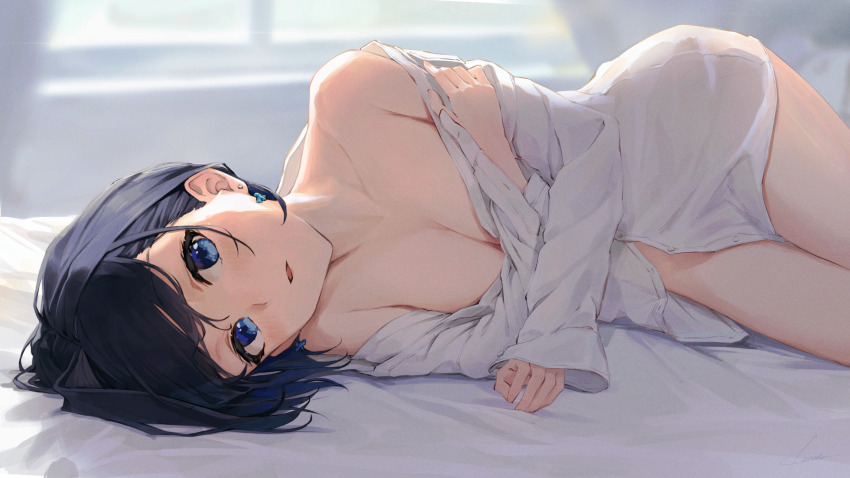 1girl, absurdres, bare_shoulders, bed_sheet, black_hair, blue_eyes, breasts, cleavage