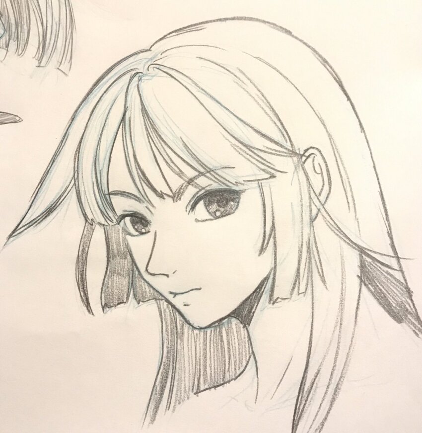 1girl, blunt_bangs, closed_mouth, graphite_(medium), greyscale, hatching_(texture), highres, long_hair, looking_to_the_side, monochrome, photo_(medium), portrait, protagonist_2_(housamo), sidelocks, solo, tokyo_houkago_summoners, traditional_media, uden_(udeden_odon), upper_body