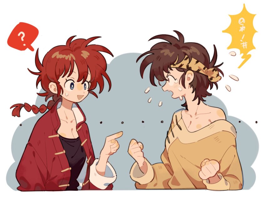 2girls, :d, ?, black_shirt, blue_eyes, braid, braided_ponytail, breasts