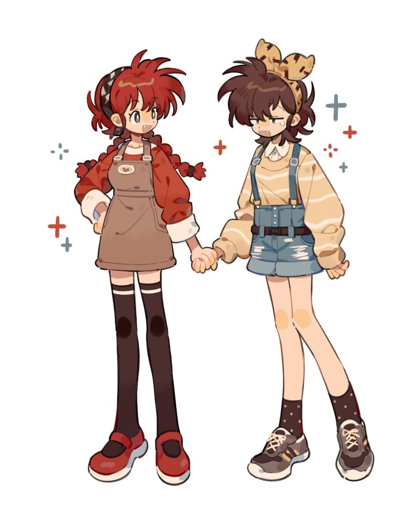 2girls, belt, black_socks, blue_shorts, bow, brown_dress, collared_shirt, dress, fang, genderswap, genderswap_(mtf), grey_footwear, hair_bow, hairband, hand_on_own_hip, hibiki_ryouga, highres, holding_hands, long_hair, long_sleeves, looking_away, looking_to_the_side, mary_janes, multiple_girls, official_alternate_costume, official_alternate_hairstyle, open_mouth, pinafore_dress, ranma-chan, ranma_1/2, red_footwear, red_hair, red_shirt, saotome_ranma, shirt, shoes, short_hair, shorts, simple_background, siyer, sleeveless, sleeveless_dress, sleeves_past_wrists, sneakers, socks, standing, suspender_shorts, suspenders, sweater, tears, thighhighs, very_long_hair, white_background, yellow_sweater, zettai_ryouiki