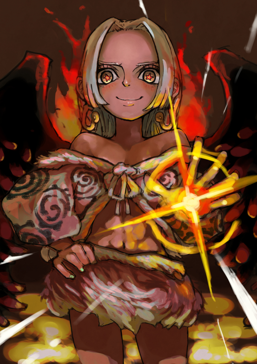 1girl, abs, bare_shoulders, black_wings, brown_background, cowboy_shot, dark-skinned_female, dark_skin