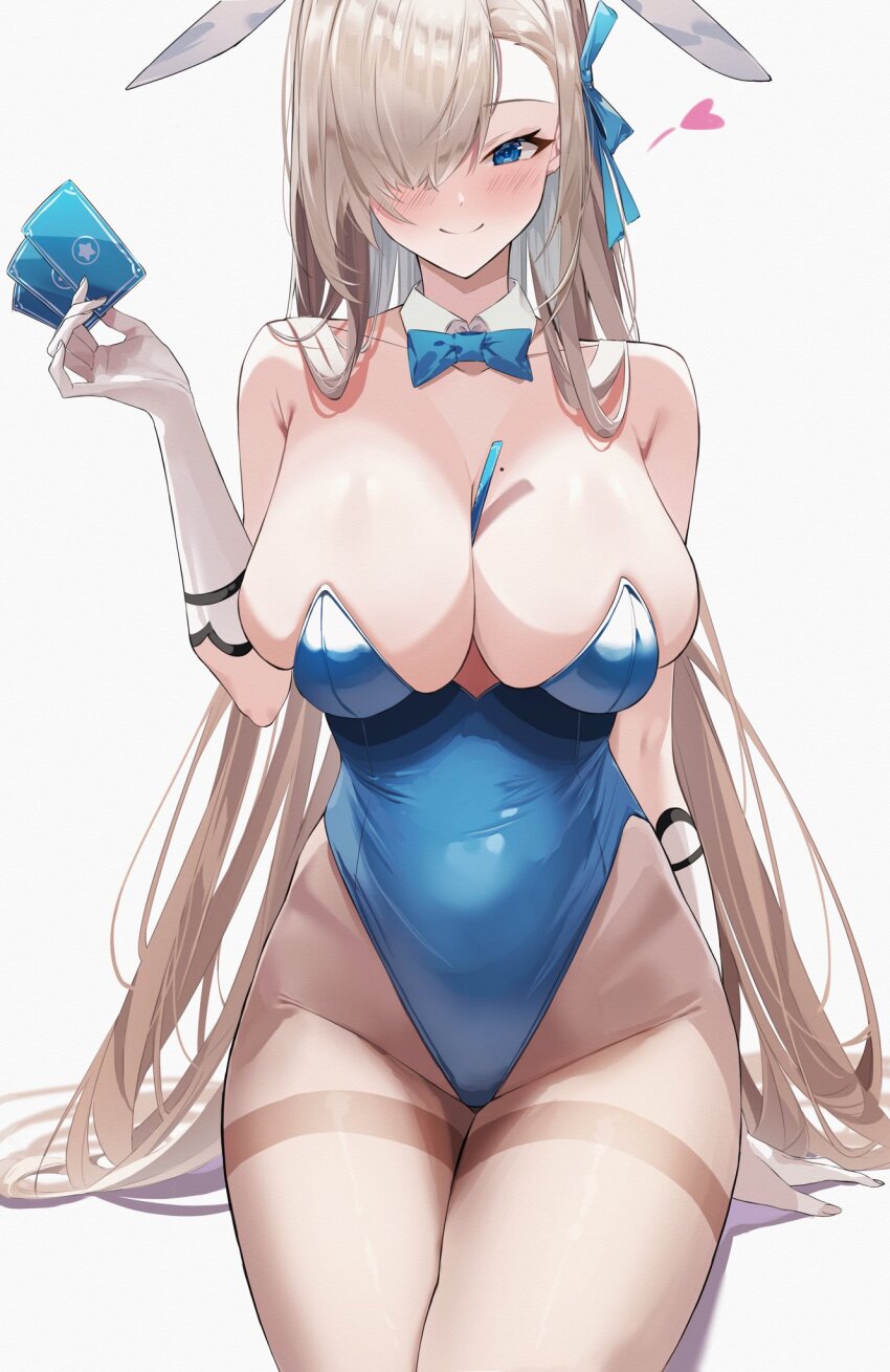 1girl, animal_ears, arm_support, asuna_(blue_archive), asuna_(bunny)_(blue_archive), between_breasts, blue_archive, blue_eyes