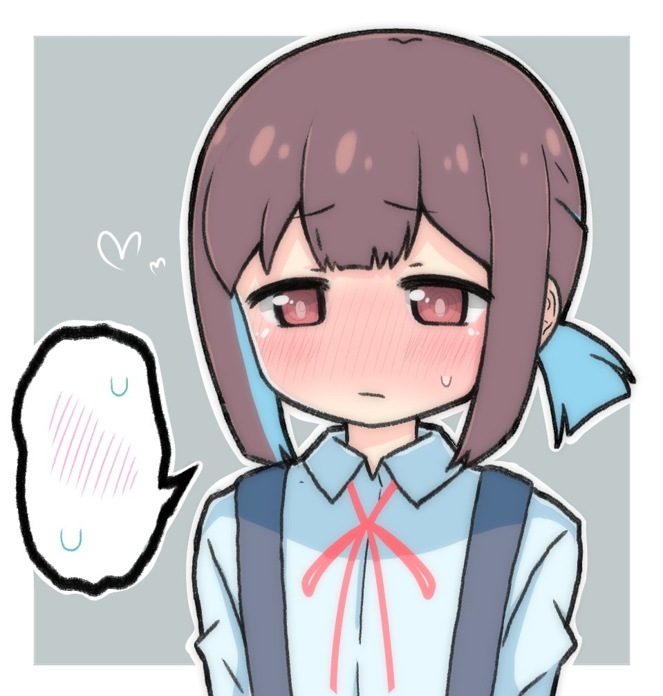 @_@, blue_hair, blush, brown_eyes, brown_hair, commentary, embarrassed, full-face_blush
