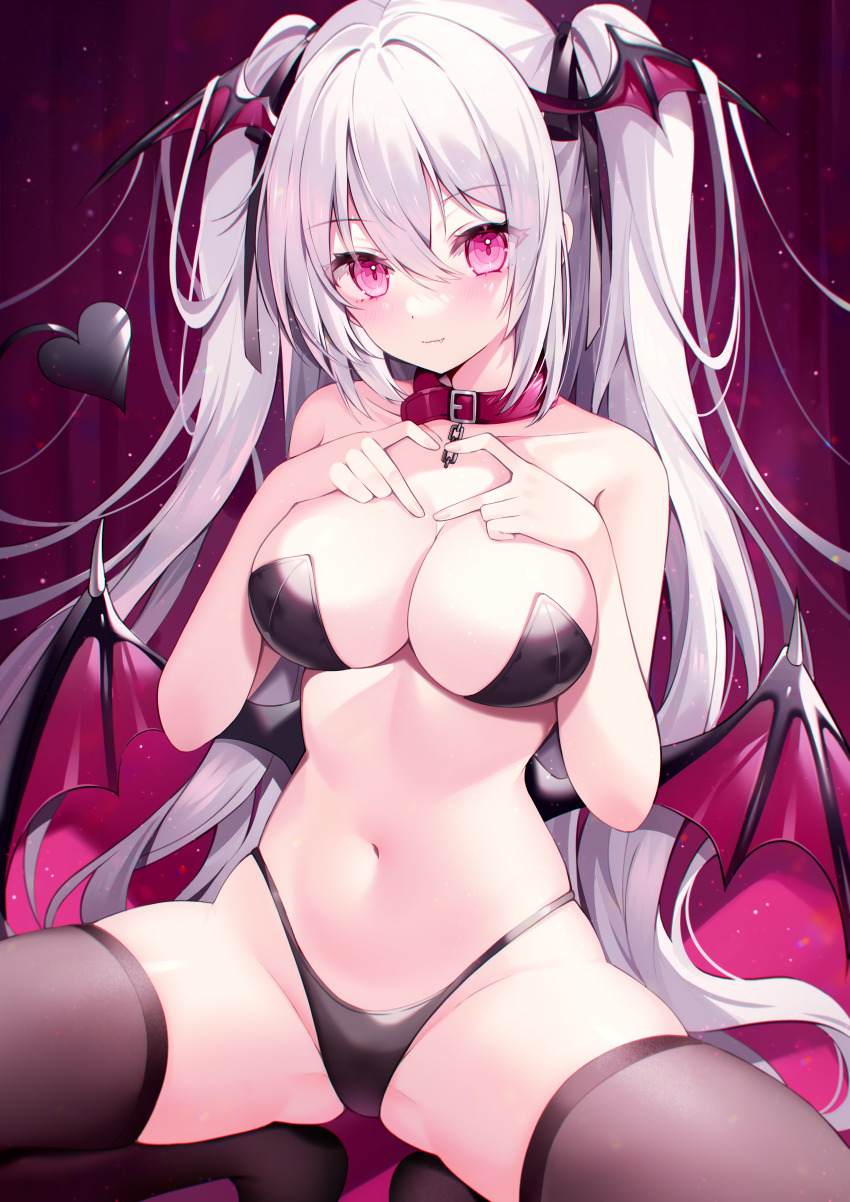 absurdres, belt_collar, black_thighhighs, blush, bra, closed_mouth, collar, collarbone