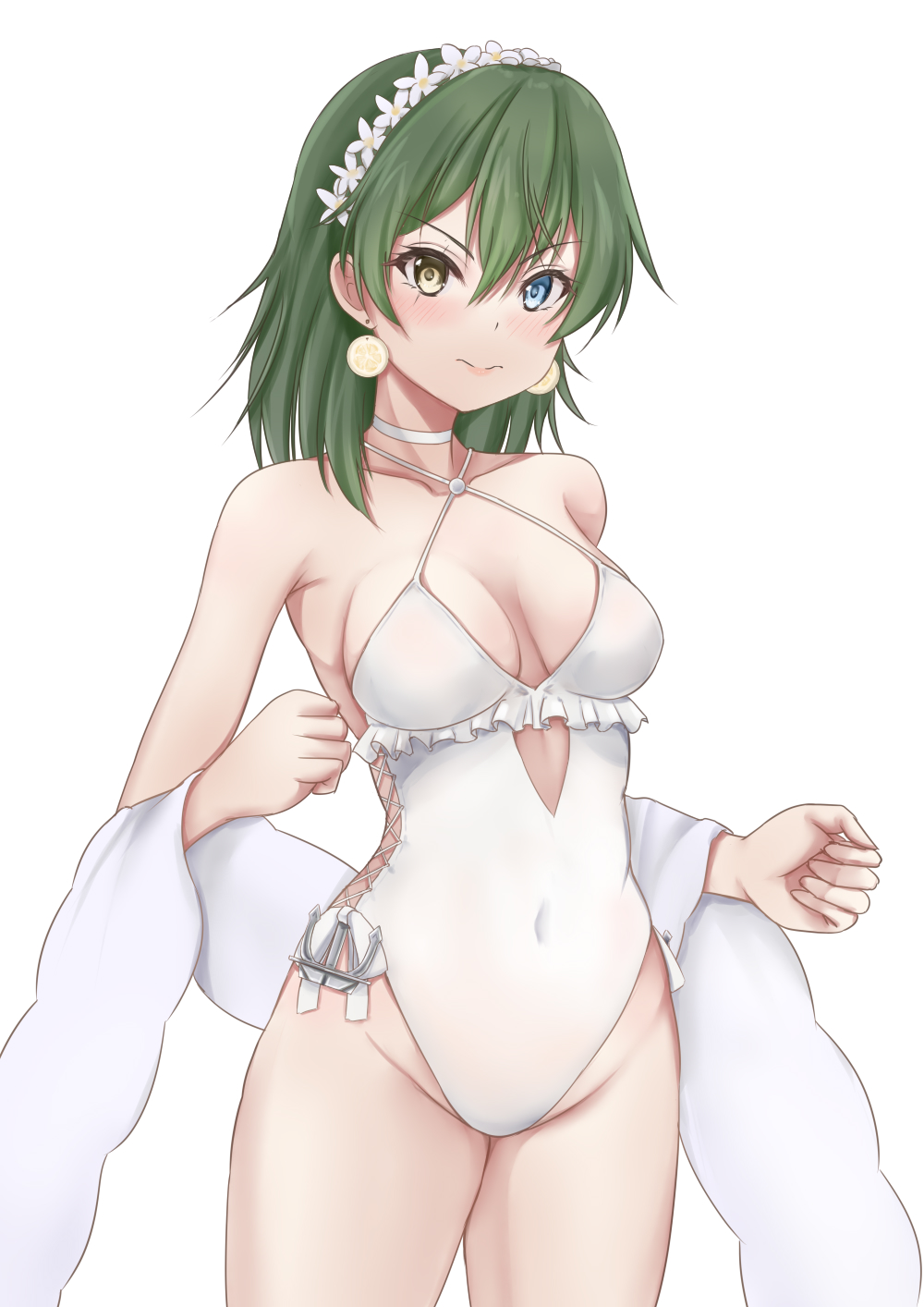 1girl, anchor_ornament, blue_eyes, breasts, casual_one-piece_swimsuit, choker, clothing_cutout, cosplay