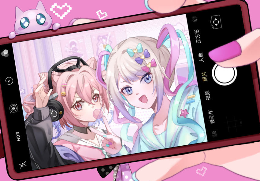 2girls, :d, ame-chan_(needy_girl_overdose), arknights, blue_eyes, blue_hair, blue_nails, blue_shirt