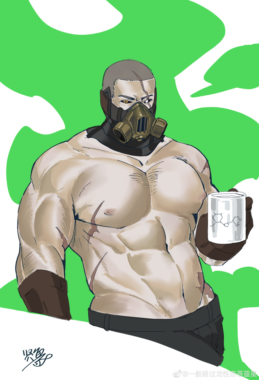 1boy, abs, absurdres, apex_legends, artist_request, bara, buzz_cut, caustic_(apex_legends), chemistry, chest_hair, cropped_legs, cup, field_research_caustic, gas_mask, groin, highres, large_pectorals, looking_at_viewer, male_focus, mask, mismatched_pupils, mug, muscular, muscular_male, nipples, pectorals, scar, scar_across_eye, scar_on_face, short_hair, solo, stomach, topless_male, very_short_hair
