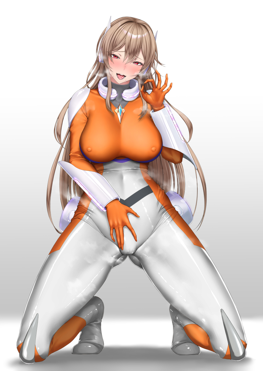 1girl, absurdres, blush, bodysuit, breasts, brown_hair, covered_erect_nipples, fellatio_gesture