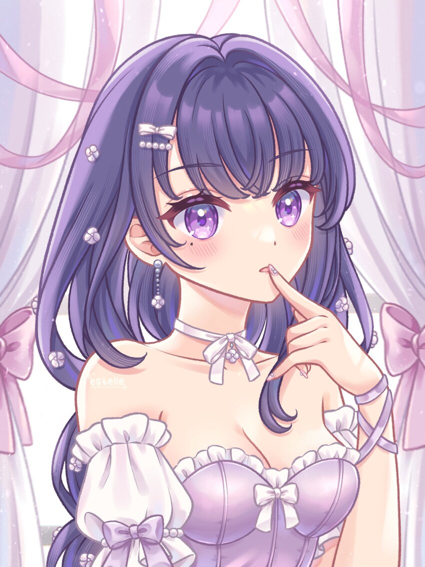 1girl, alternate_costume, blush, bow, braid, curtains, earrings, estelleartss, flower, genshin_impact, hair_bow, hair_flower, hair_ornament, highres, jewelry, long_hair, mole, mole_under_eye, multicolored_background, off-shoulder_shirt, off_shoulder, open_mouth, pearl_hair_ornament, pink_nails, purple_background, purple_eyes, purple_hair, purple_shirt, raiden_shogun, shirt, solo, white_background