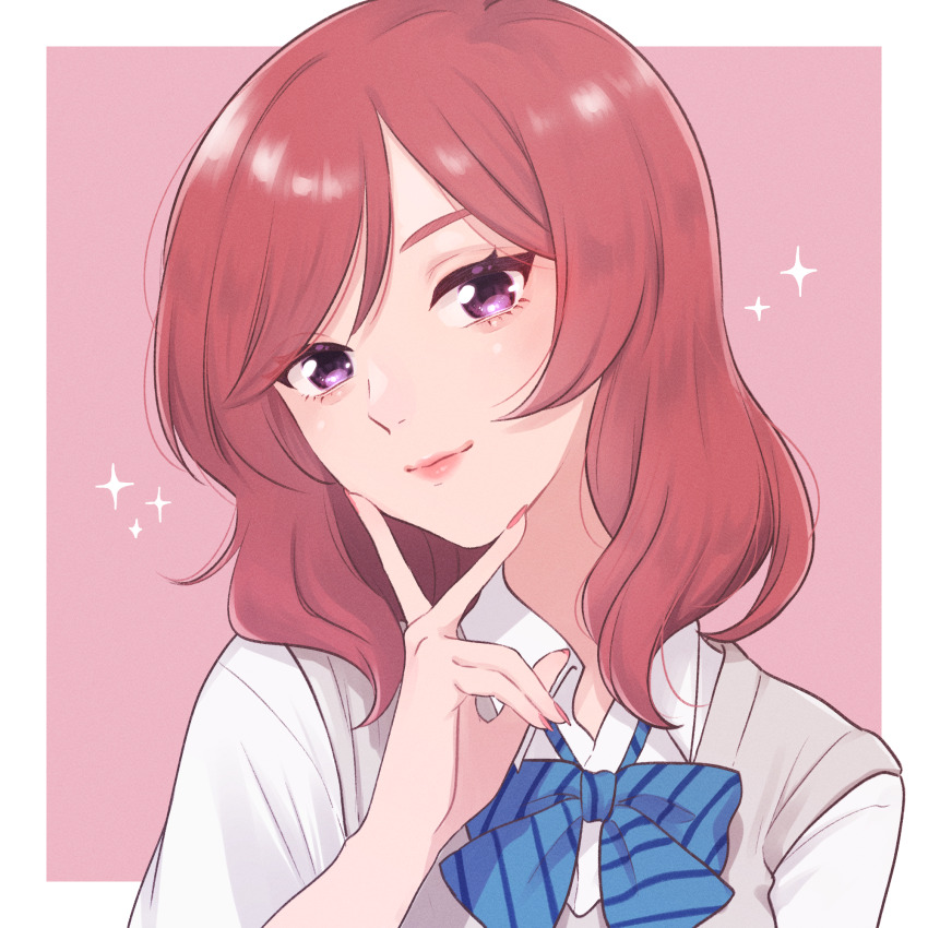 1girl, blue_bow, blue_bowtie, border, bow, bowtie, closed_mouth, collared_shirt