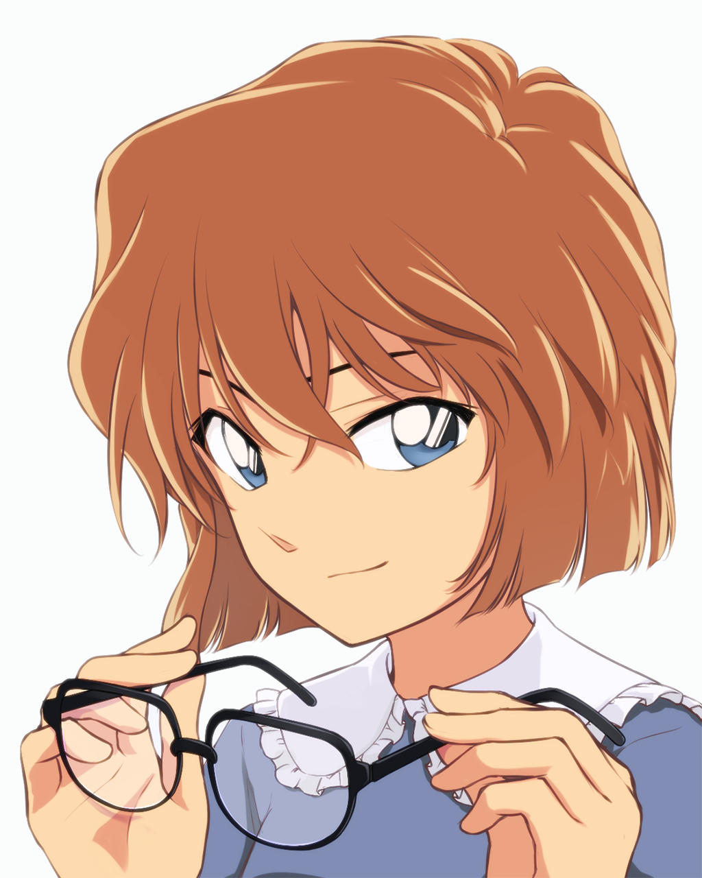 1girl, borrowed_clothes, brown_hair, closed_mouth, frills, glasses, green_eyes, haibara_ai