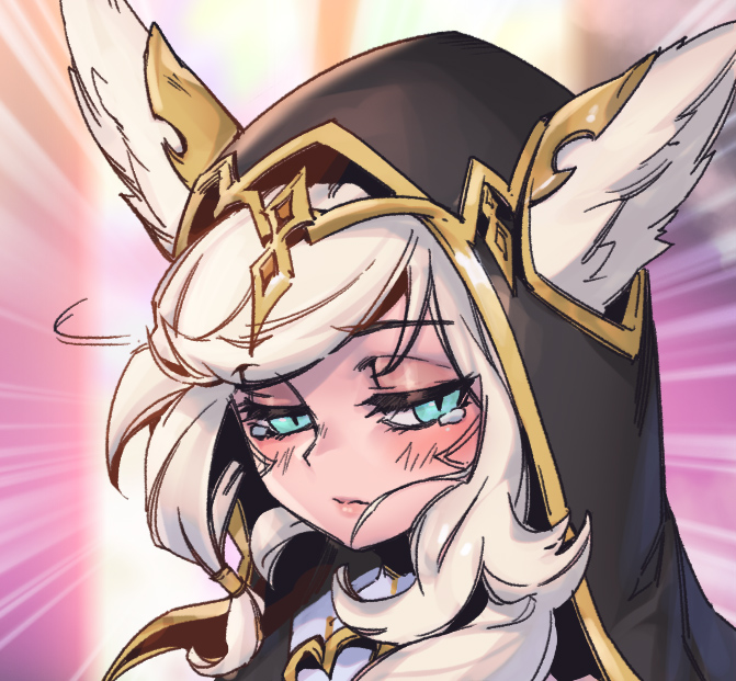 1girl, blonde_hair, blush, broken_covenant_xayah, brown_hood, closed_mouth, day, ears_through_headwear