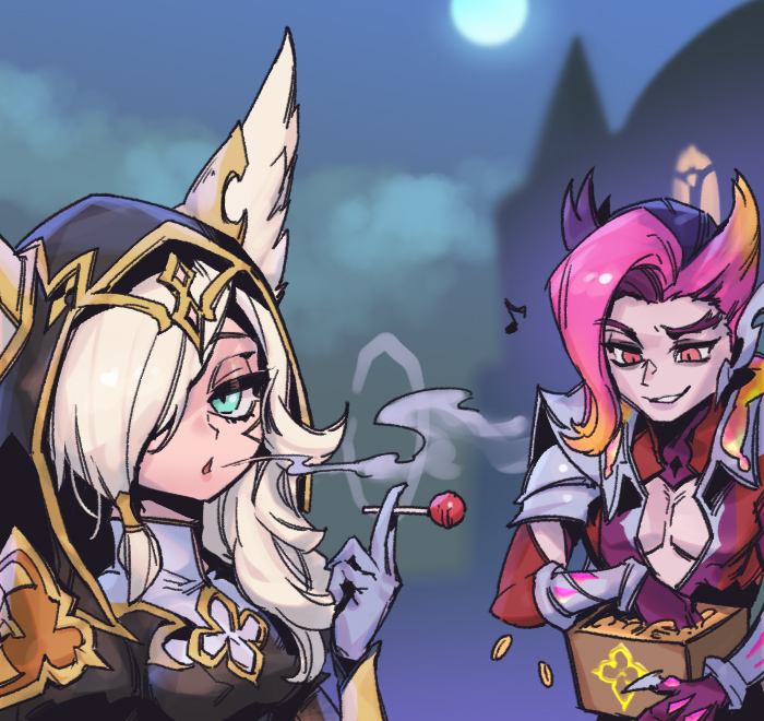 1boy, 1girl, :o, black_hood, blonde_hair, breasts, broken_covenant_rakan, broken_covenant_xayah