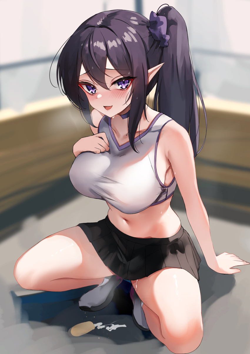 1girl, absurdres, aegyo_sal, alternate_costume, bare_shoulders, black_hair, black_skirt, breasts, breath, cheerleader, choker, crop_top, food, grey_shirt, grey_shoes, hand_on_own_chest, highres, ice_cream, large_breasts, long_hair, looking_at_viewer, midriff, miniskirt, navel, open_mouth, ophelia_midnight, pleated_skirt, pointy_ears, purple_choker, purple_eyes, purple_scrunchie, rifufu, scrunchie, shirt, shoes, side_ponytail, skirt, sleeveless, sleeveless_shirt, smile, sneakers, solo, spread_legs, squatting, stomach, suggestive_fluid, sweat, thighs, virtual_youtuber, vreverie