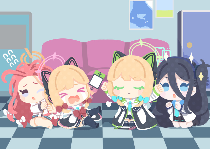 >_<, 4girls, :o, ;o, animal_ear_headphones, animal_ears, aris_(blue_archive), arms_up, barefoot, black_hair, black_hairband, blonde_hair, blue_archive, blue_bow, blue_eyes, blue_necktie, bow, cat_ear_headphones, cat_ears, checkered_floor, chibi, closed_eyes, commentary_request, couch, crying, fake_animal_ears, flat_color, flying_sweatdrops, forehead, hair_between_eyes, hair_bow, hairband, halo, headphones, highres, indoors, jacket, kinubari_nerune, kneehighs, long_hair, midori_(blue_archive), momoi_(blue_archive), multicolored_jacket, multiple_girls, necktie, nintendo_switch, no_lineart, on_floor, one_eye_closed, one_side_up, open_mouth, parted_bangs, poster_(object), red_bow, red_hair, sad, siblings, sisters, socks, sparkle, streaming_tears, tears, thighhighs, twins, white_bow, white_jacket, yuzu_(blue_archive)