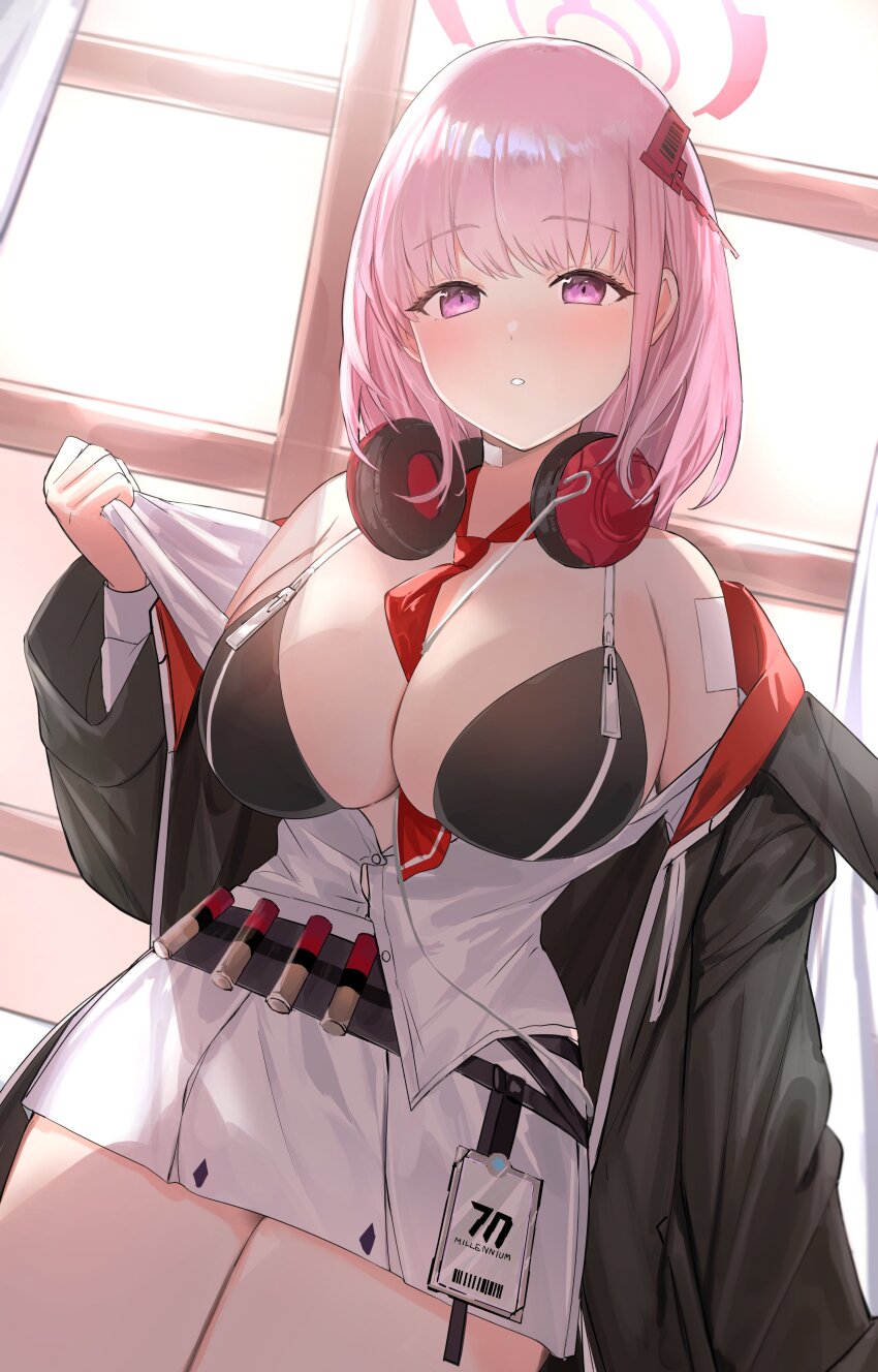 1girl, absurdres, bandaid, bandaid_on_arm, bandaid_on_neck, between_breasts, bikini, black_jacket