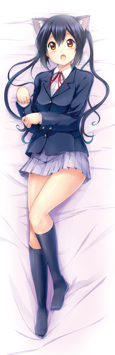 1girl, animal_ears, bed_sheet, black_hair, black_jacket, black_socks, blazer, blush