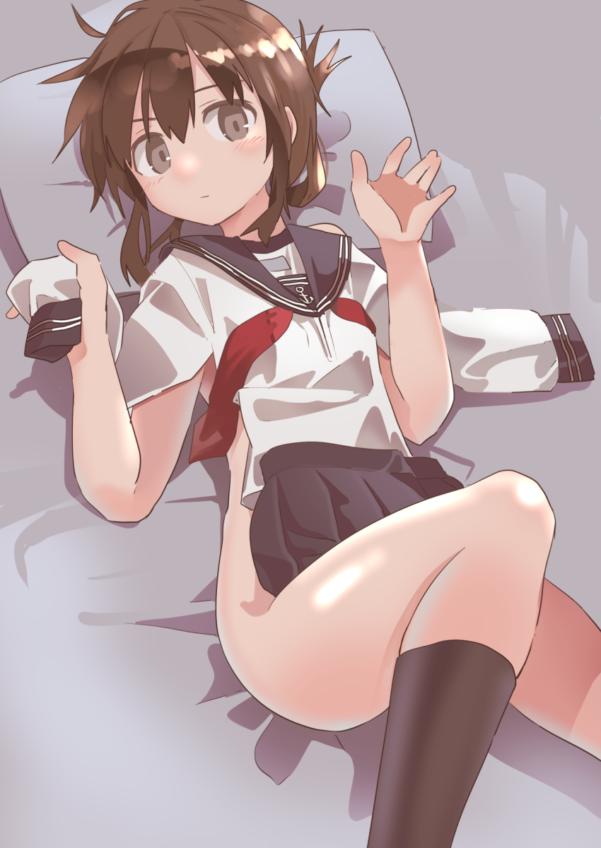 1girl, black_sailor_collar, black_skirt, black_socks, brown_eyes, brown_hair, clothes_in_front, unworn_clothes