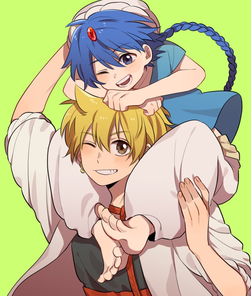 2boys, aladdin_(magi), alibaba_saluja, barefoot, blonde_hair, blue_eyes, blue_hair, braid