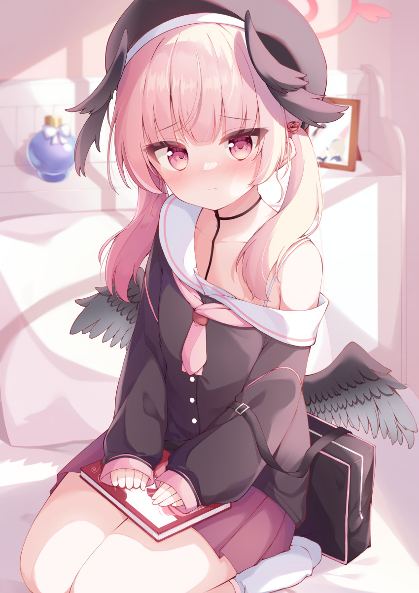 1girl, absurdres, bag, beret, black_hat, black_shirt, black_wings, blue_archive