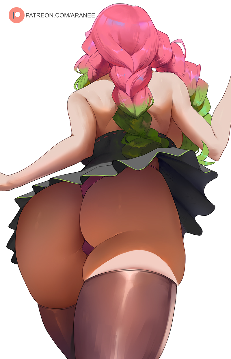 1girl, araneesama, ass, ass_focus, back, bare_shoulders, breasts, brown_thighhighs