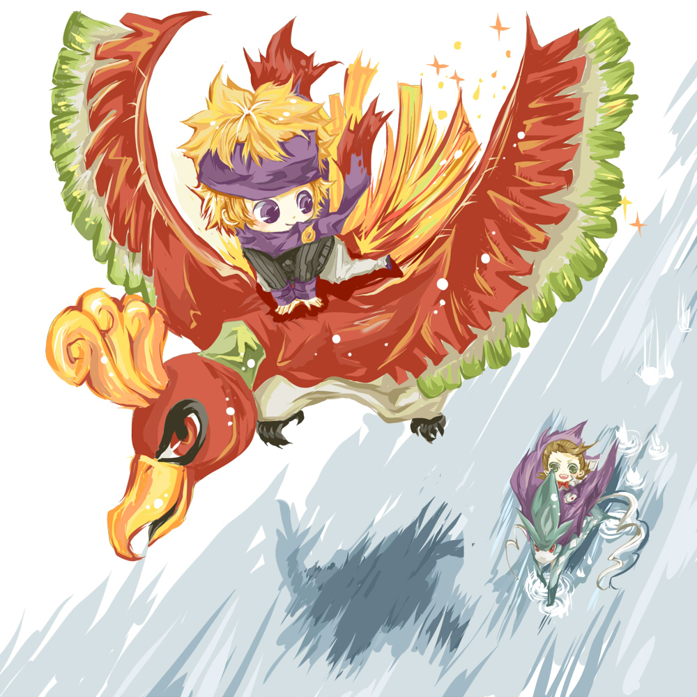 00s, 2boys, bird, blonde_hair, bow, bowtie, brown_hair, chibi, eusine_(pokemon), flying, gen_2_pokemon, green_eyes, grin, gym_leader, headband, ho-oh, legendary_pokemon, morty_(pokemon), multiple_boys, nature, nintendo, pokemon, pokemon_(creature), pokemon_heartgold_and_soulsilver, purple_eyes, riding, riding_pokemon, rosso0303, scarf, smile, sparkle, suicune, walking, walking_on_liquid, water, wings