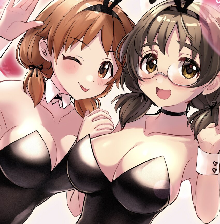 2girls, animal_ears, asano_fuka, bare_shoulders, black_choker, black_hair, black_hairband, black_leotard