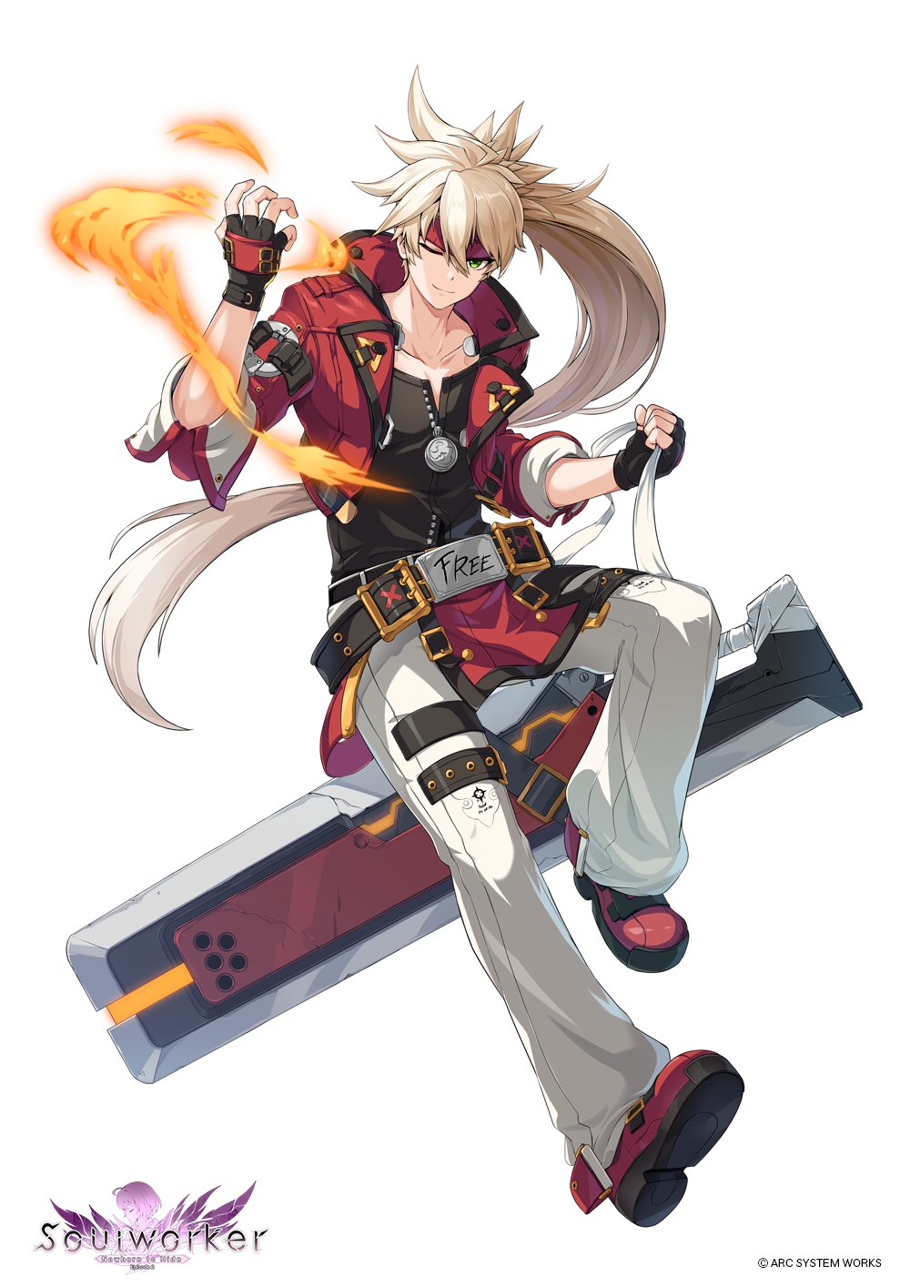 1boy, arc_system_works, black_gloves, blonde_hair, erwin_arclight, fingerless_gloves, forehead_protector, full_body