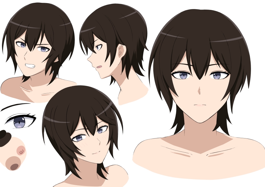 1girl, bare_shoulders, black_hair, reference_sheet, clenched_teeth, closed_mouth, collarbone, commentary