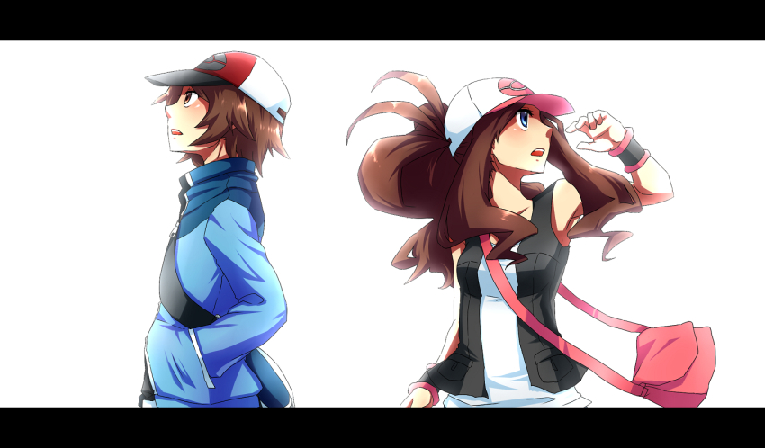 10s, 1boy, 1girl, antenna_hair, bad_id, bad_pixiv_id, bag, baseball_cap, blue_eyes, brown_eyes, brown_hair, hat, hilbert_(pokemon), hilda_(pokemon), jacket, letterboxed, looking_up, nintendo, pokemon, pokemon_black_and_white, ponytail, sayuma, vest, wristband