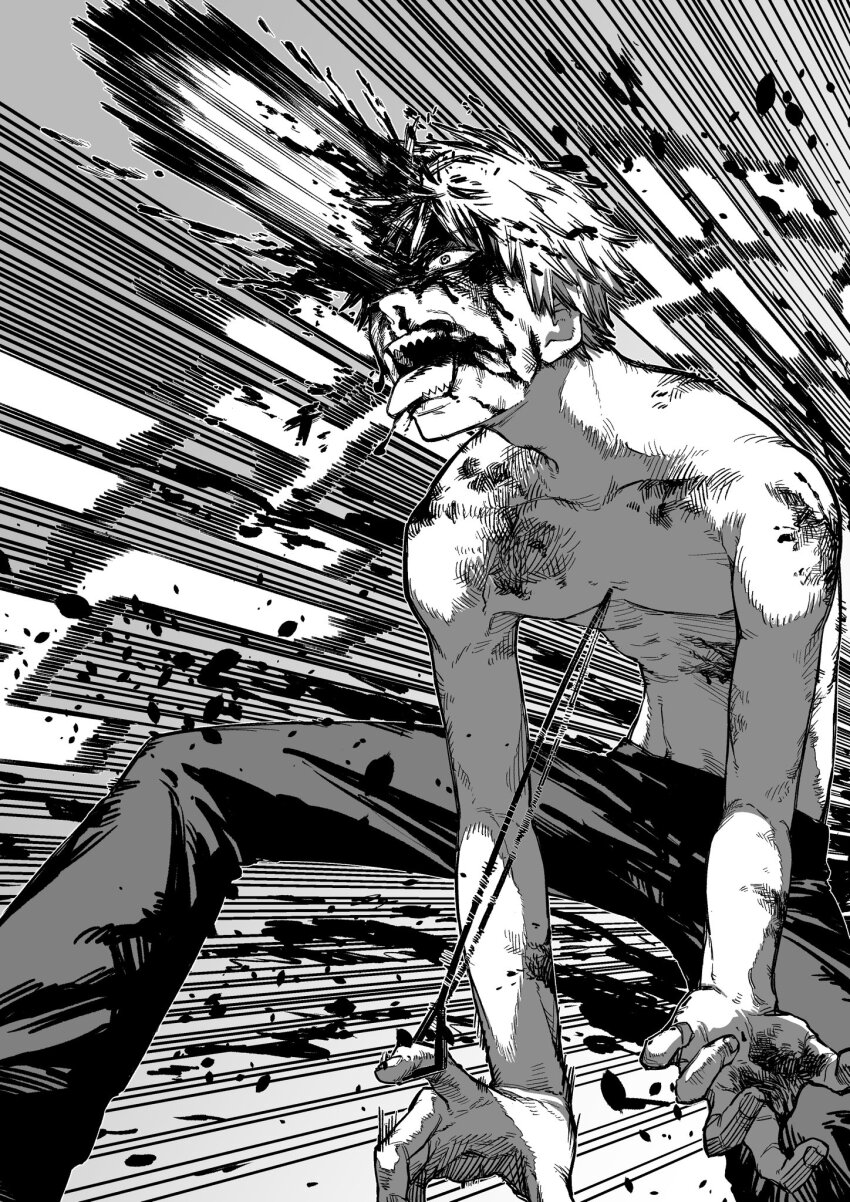 1boy, arisancake, blood, blood_from_mouth, blood_on_face, blood_on_hands, blood_splatter, chainsaw