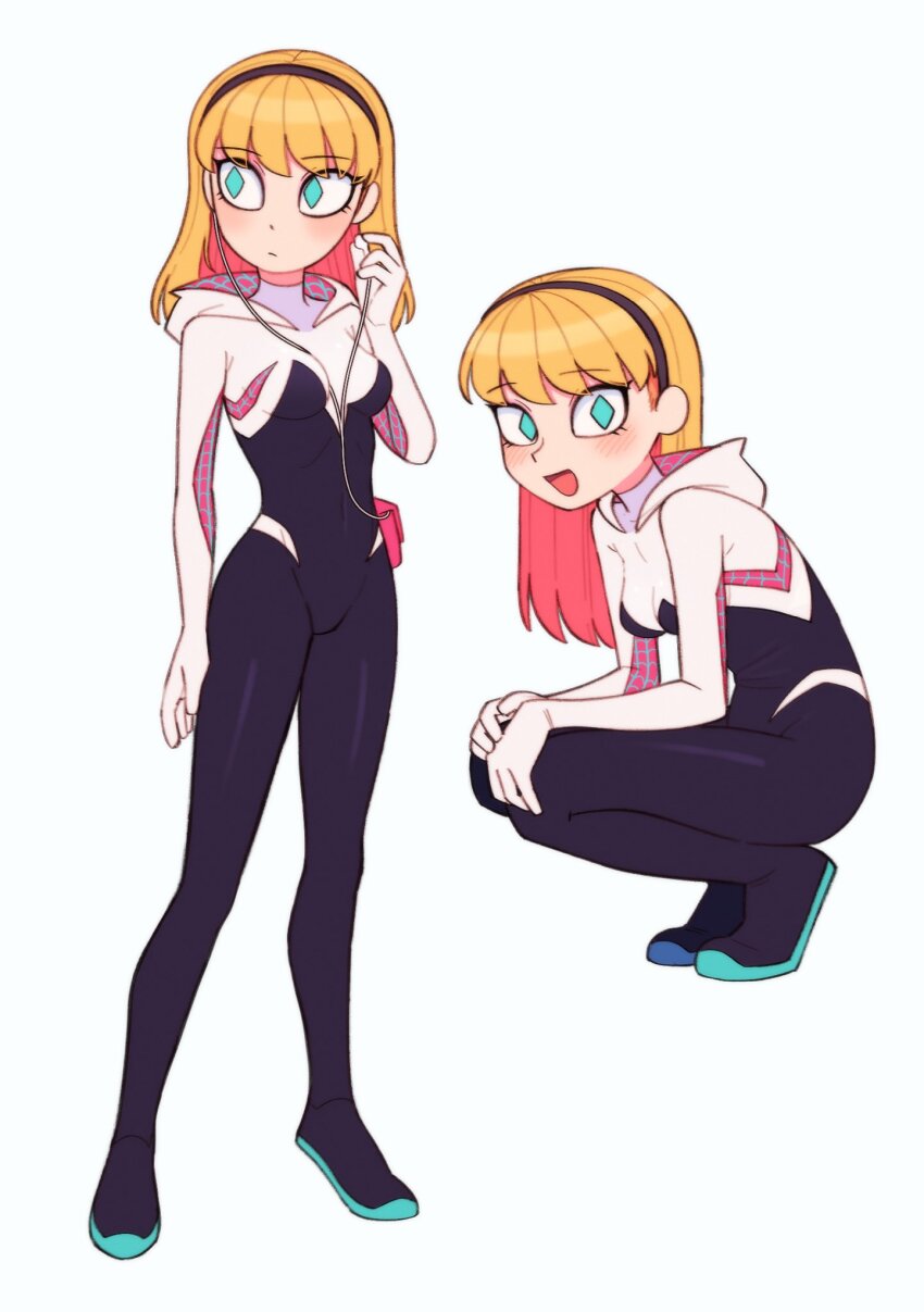 1girl, :d, animification, black_bodysuit, blonde_hair, blue_footwear, bodysuit, breasts