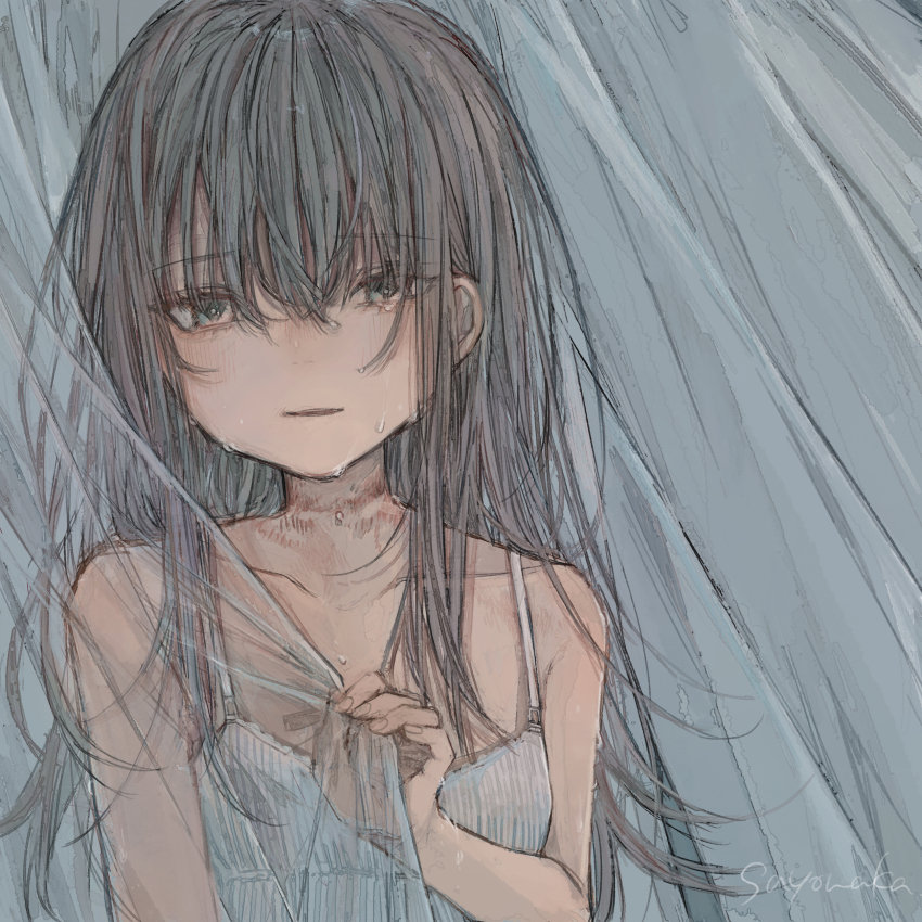 1girl, absurdres, bare_shoulders, bruise, collarbone, commentary_request, covering_body, crying